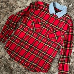 Designer plaid shirt with jean collar